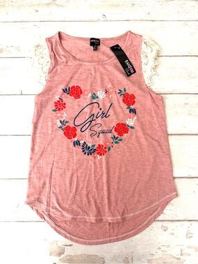 NEW! Girls Size 14 Pink Girl Squad Flower Heart Shirt Lace Details NEW with Tags